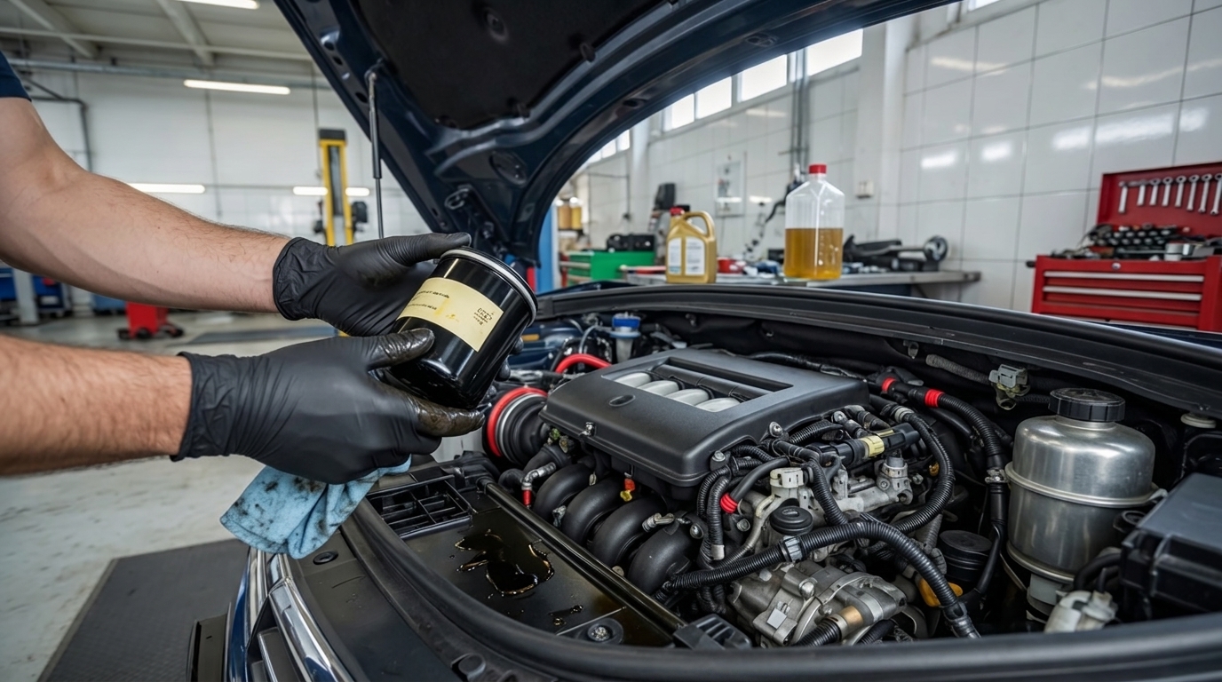 Technician servicing a vehicle engine bay